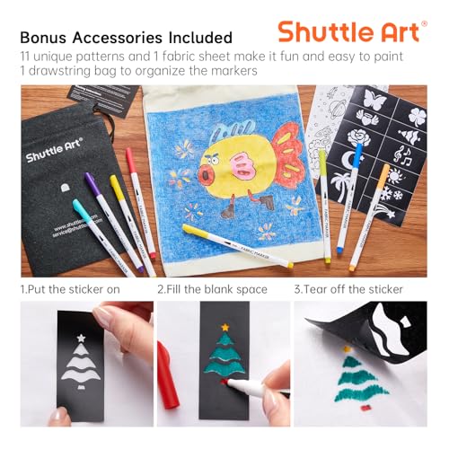Image of Shuttle Art 28 Colors Fabric Markers, Permanent Markers for T-Shirts Clothes Sneakers Jeans with 11 Stencils 1 Sheet, Shirt Pens for Adult DIY Painting Writing