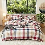 DONEUS 100% Washed Cotton Duvet Cover Set Super Soft Breathable Comfy Natural Linen Like Textured Bedding Set 3 Pieces with 2 Pillow Shams (Blue Red Plaid, Twin)