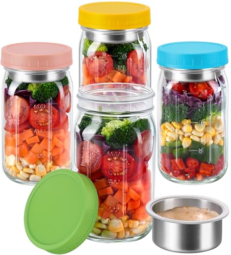 KTKUDY 4 Pack 32 oz Glass Salad Jars with Dressing