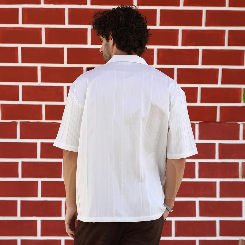 Image of CAHOOT Men's Oversized Shirt for Casual Wear | Cuban Collar | Short Regular Sleeves | Button Closure | Oversized Shirt Crafted with Comfort Fit for Everyday Wear