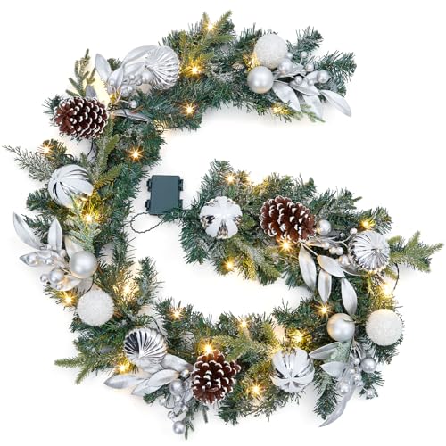 GarveeHome Christmas Garland with Lights, 6 Ft Silver White Lighted Christmas Garland with Pine Cones Ball Ornaments Battery Operated Lights for Indooor Outdoor Mantle Stairs Railing Decorations