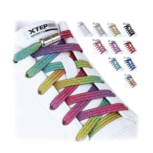 Olukssck 2 Pares Cordones Elasticos Zapatillas Deporte para Niños y Adultos, Cordones Elasticos 6 mm de Ancho Sin Nudos con Hebilla Metal, No es Necesario Atar Cordones de Zapatos, 110cm, Arco Iris
