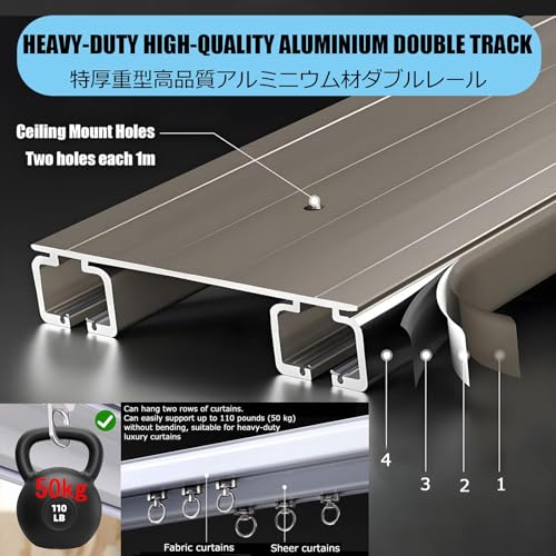 Miniatura 2 de 1m-7m Riel De Cortina Doble, Barra Curtain Track Techo Corredera De Aluminio Personalizable, Puede Colgar Cortinas Pesadas, Vía Recta Pista Para Pérgola, Cenador, Cortinas, Bañera White,1m
