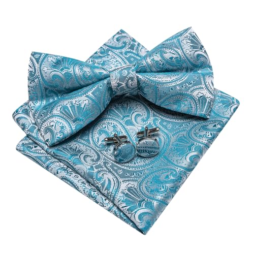 Image of Barry.Wang Paisley Striped Bow Tie for Men Silk Pre-Tied Bowtie Pocket Square Cufflinks Set Formal Wedding Party Prom