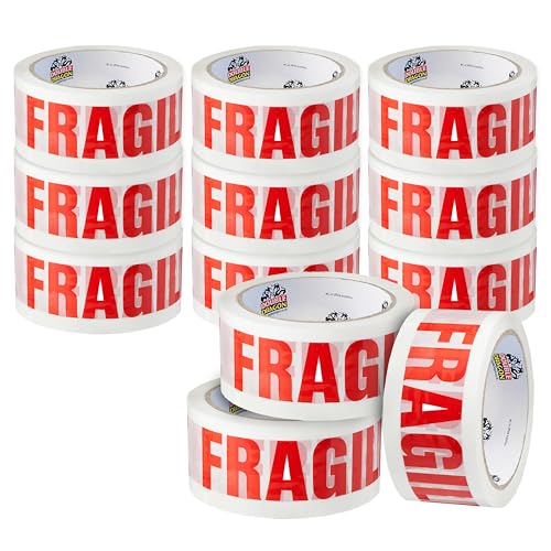 Double Dragon Extra Thick Fragile Printed Tape 48mm wide 66m long (Pack of 12) | Tear-Resistant High-Tack & Long-Lasting | Ideal for Packing Moving Shipping Labelling | Fits Dispensers etc
