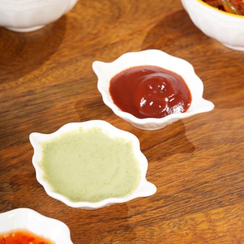 Image of HOME 360 Premium White Ceramic Dip Bowl Set of 3 | Wavy Square Mini Dishes & Condiment Serving Bowls | Elegant Pinch Bowls for Ketchup, Salsa, Chutney & DIps (3, Leaf DIp Bowls)
