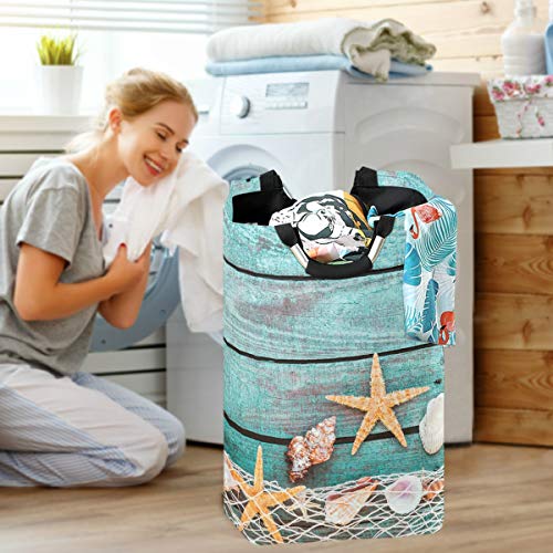 Shells Starfish Large Laundry Basket Fishing Net Blue Wood Collapsible Laundry Hamper with Handles Waterproof Clothes Washing Bin Dirty Baskets Storage for Home College Dorm Bathroom 50L - Image 7
