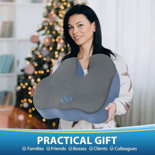 Image of BlissTrends Seat Cushion,5.2in Thick Memory Foam Cushions for Office Chair, Car Seat, Airplane, Relieving Pressure Tailbone Sciatica Back Pain for Long Sitting Office Workers, Car Drivers Gery&Blue
