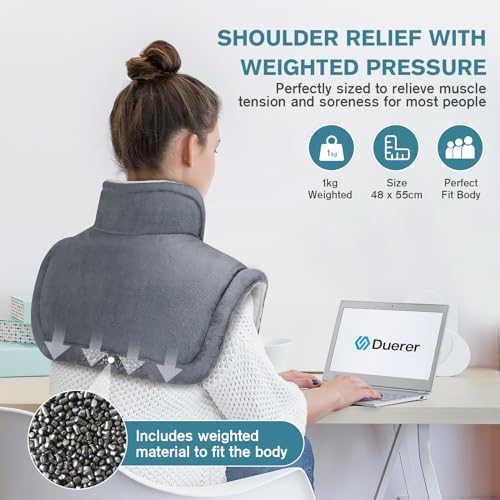 Duerer Weighted Neck and Shoulder Electric Heat Pad for Back Pain, 50 x 56cm Heating Pad Wrap Cramps Relief, 10 Heat Levels, 10-90min Timer Auto Off, Overheating Protection, Machine Washable (Gray)