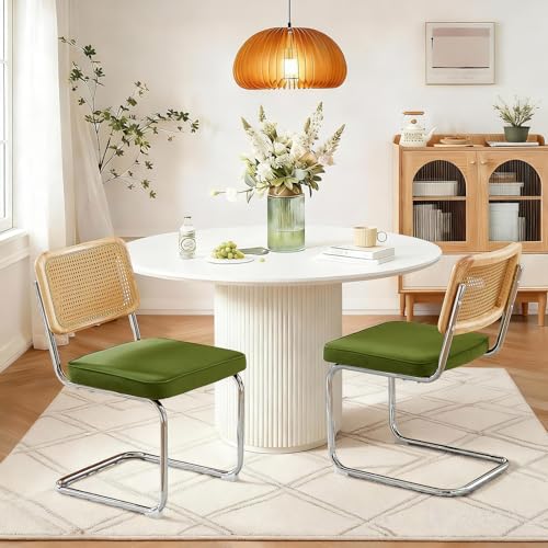 SoarTalent Breuer Lot de 2 chaises de Salle à Manger rembourrées en Velours avec Dossier en rotin et Base chromée sans accoudoirs pour Salle à Manger,...