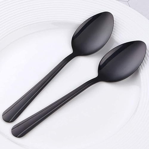 Miniatura 7 de MINGYU Juego de 12 cucharas de acero inoxidable, elegantes cucharas de sopa negras, cucharas de mesa de 7 pulgadas, cucharas de titanio para