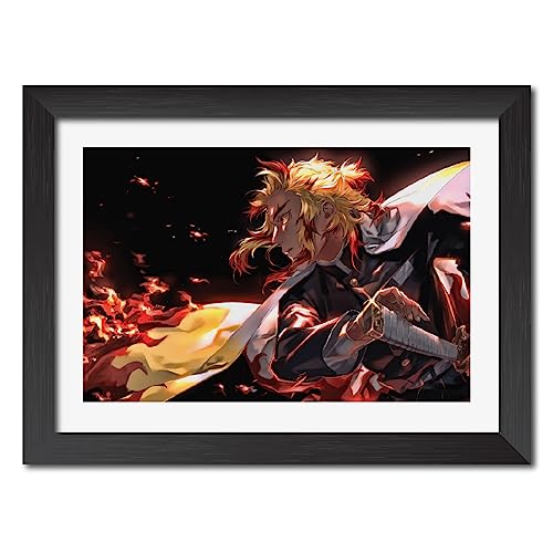 Image of TenorArts Rengoku Poster Demon Slayer Anime Posters Laminated Photo Frame Painting with Matt Finish Black Textures (12inches x 9inches)