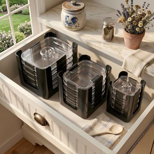 Cynelora 3 Pack Food Container Lid Organizer for Rubbermaid Brilliance - Stackable Lid Holder for Kitchen Cabinet Storage & Pantry Organization, Fits 0.5, 1.3, 3.2, 4.7 Cup Lids, Holds 24 Lids, Black — view 2