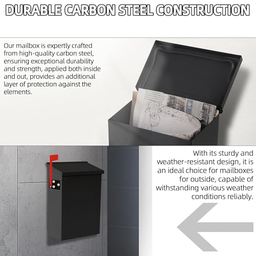 TonGass 7.1"x10.1"x3.8" Wall-Mount Mailbox for House with Flag and Number Stickers, Mailboxes for Outside Wall Mount with Screws Ideal for House Outdoor Use, Rust-Proof Carbon Steel Mailbox - Black by TonGass - Image 4