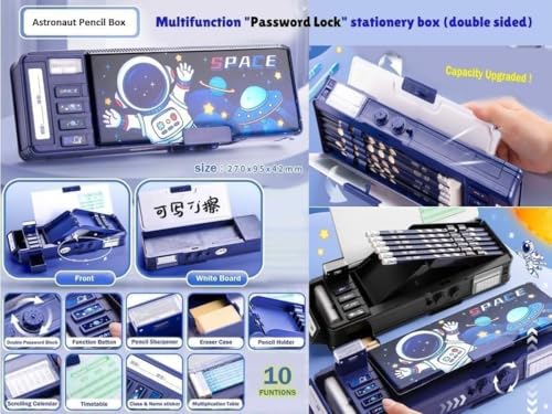 Image of Royals hub Plastic Multifunctional Space Password Lock Double Sided Compass Box for Kids, Pencil Box for Boy & Girl, Aesthetic, Space Astronaut Theme Pencil Case Return Gifts for Kids, Blue