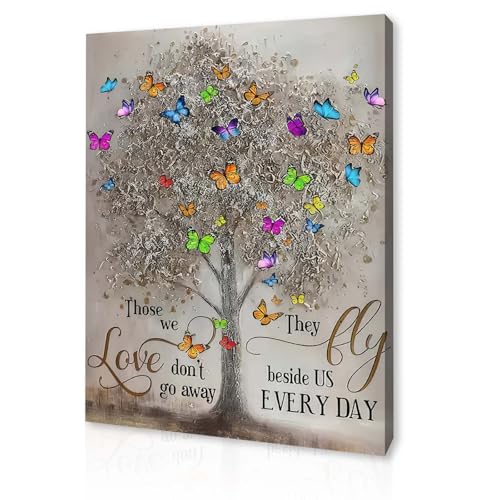 Qiukoo Framed Canvas Wall Art – Memorial Tree and Butterfly Artwork, Waterproof Modern Print with Hook, Wall Decoration for Living Room, Bedroom Pictures for Wall or Prints for Walls – 12×16 Inch