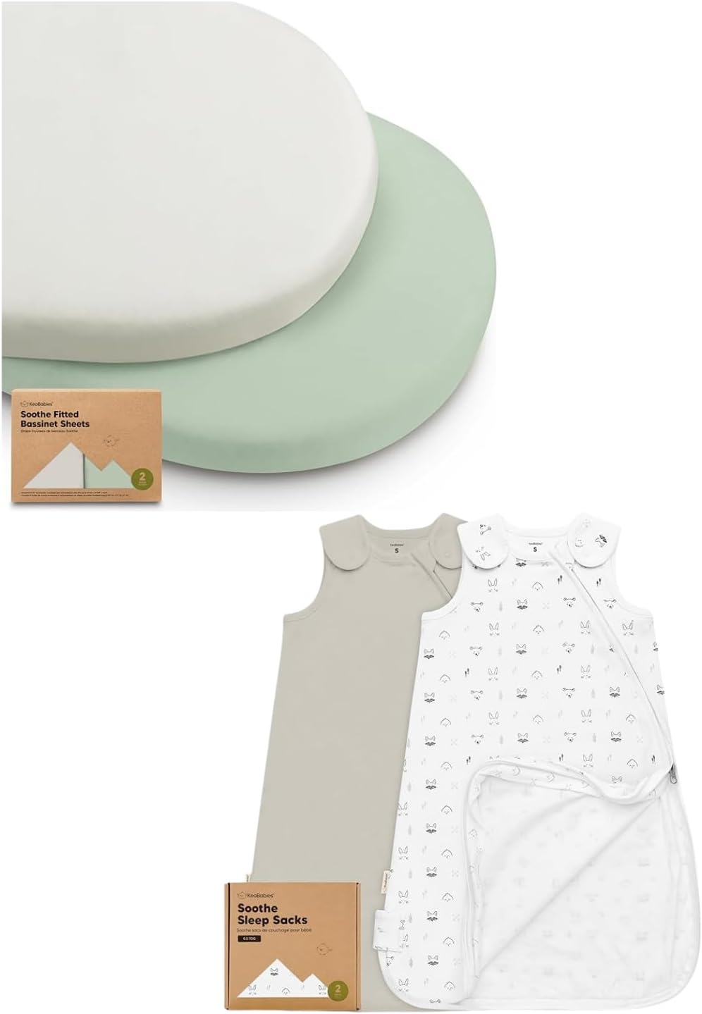 Keababies 2-Pack Bassinet Sheets for Girls, Boys and 2-Pack Sleep Sacks, 100% Cotton - Bassinet Mattress Sheets - Wearable Blanket Baby Sleeping Sack, Toddler Swaddle Sack