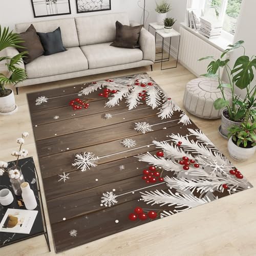 Tapis design moderne flocons de neige, textile de sol raffiné baies rouges