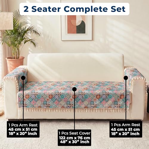Image of Story@Home Quilted Anti Slip Sofa Cover Mat with 2 Armrest Cover, 2 Seater Velvet Sofa Protector with Tassels | Sofa Cover Mat for 1 /2 /3 Seater & L-Shape Sofa - 76 x 122 Cm - Multi Color