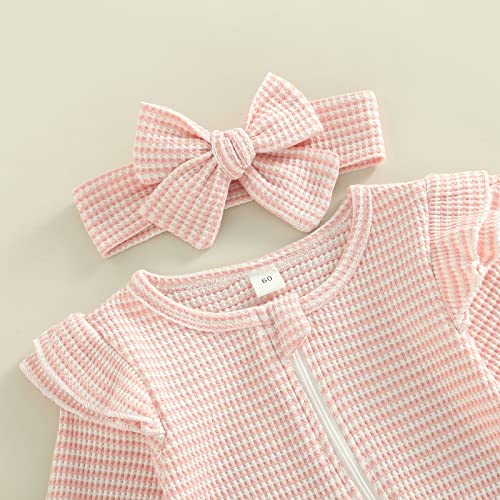Bemeyourbbs Newborn Baby Girl Clothes Ruffle Baby Sleeper Zipper Footie Romper Playsuit With Headband Outfit (Striped Pink,3-6 Months) #TOP4
