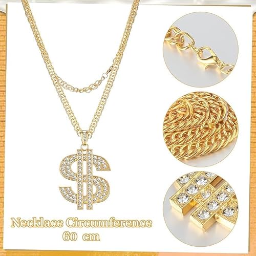 5pcs Hip Hop Costume, 80s/90s Hip Hop Fancy Accessories, Carnival Party Fake Gold Chain Bracelet, Fake Dollar Sign Necklace, Hip Hop Ring,Disco Hippie Glasses for Hippie Rapper Disco Outfit (Style 1) - Image 2