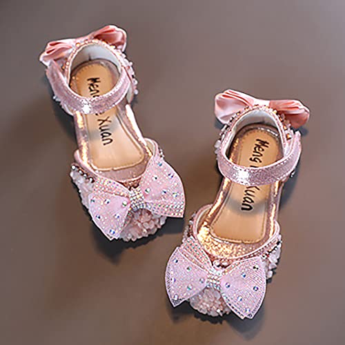 Girls White Dress Shoes Fashion Spring and Summer Girls Sandals Dress Performance Dance Shoes Mesh Pearl Rhinestone Bow (Pink-b, 9.5 Toddler)4