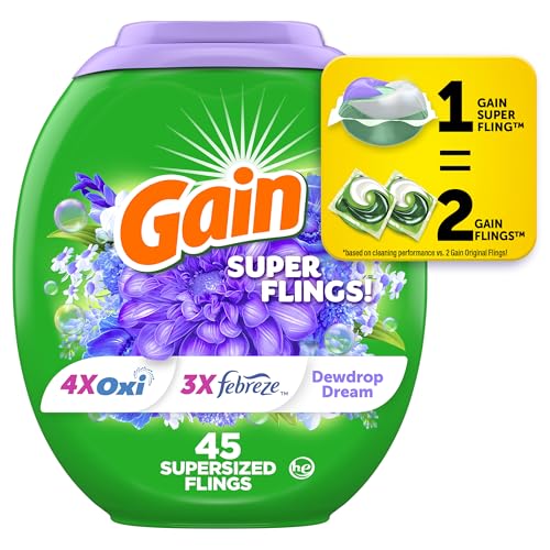 Gain Super Flings Laundry Detergent Pacs, 45 Count, Dewdrop Dream scent, clean and fresh washing detergent laundry soap pacs - image 1