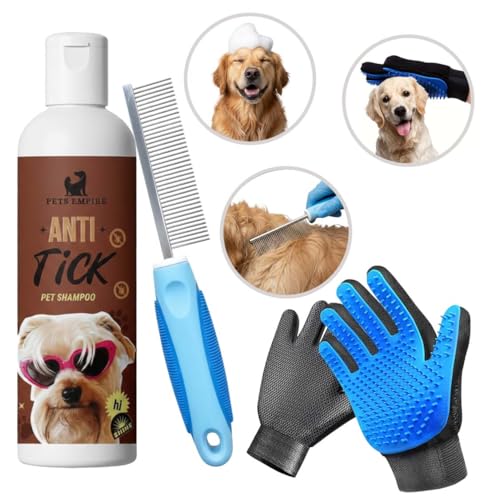 Image of Pets Empire 3-in-1 Dog & Cat Grooming Combo - Self-Cleaning Slicker Brush, Silicone Bath Brush & 200ml Anti-Tick Shampoo | Pet Grooming Kit for All Breeds