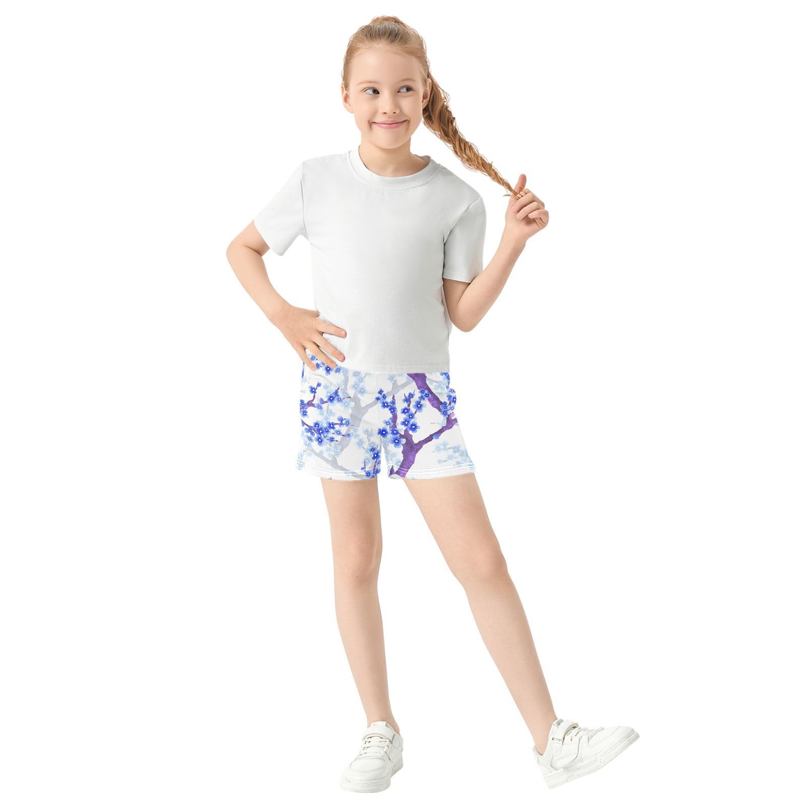 pnyoin Girl's Shorts Chinoiserie Blue Flower Athletic Running Shorts with Pockets Size 9-10t