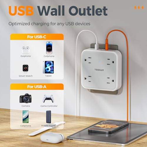 Wall Outlet Extender, TESSAN 4 Multi Plug Outlet Splitter with 1 USB C and 2 USB A Charging Ports, Multiple Plug Extension Block with Surge Protector for Home, Kitchen, Office, Dor image 2