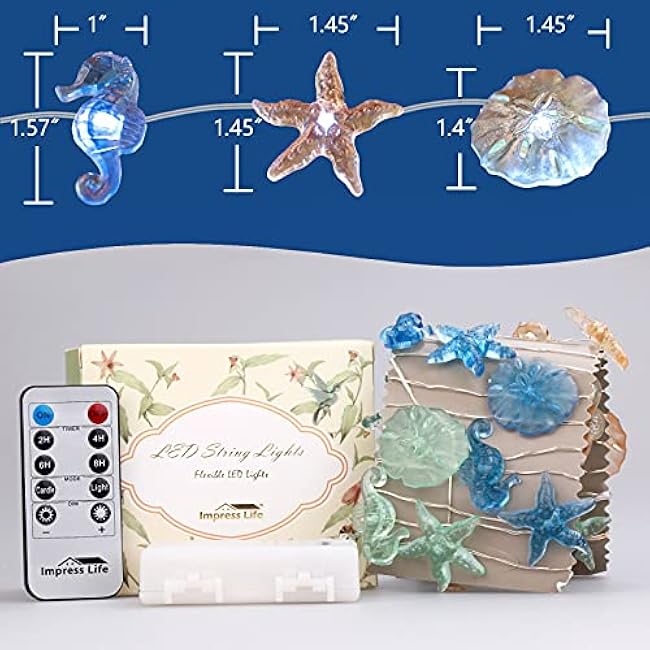 Impress Life Ocean Theme String Lights, Beach Decor Starfish Seahorse Sand Dollars Nautical Decorative Lights Battery & USB Plug In with Remote 10 ft 30 LEDs for Covered Outdoor Bedroom Birthday Party