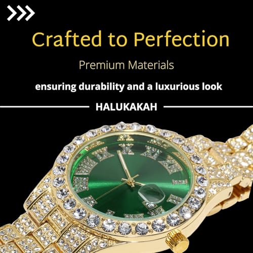 Image of Halukakah Diamonds Gold Watch Iced Out for Boy Teens Kids - 18K Real Gold /Platinum Plated,42mm Blue /Green /Red Dial,Japanese Quartz - 8 inch Length - Optional with Cuban Link Chain,with Watch Adjuster Tool