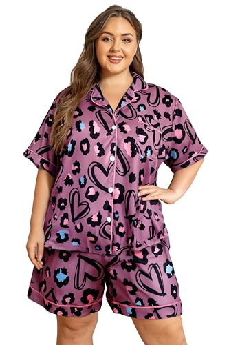 Image of Vozanet Women's Short Sleeve Satin Pajama Sets Silky Ladies Button Down Loungewear Plus Size Nighty Shorts Sets XL to 5XL
