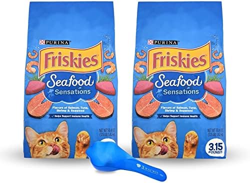 Friskies Dry Cat Food Seafood Sensations Bundle | Includes 2 Bags of Friskies Dry Cat Food Salmon, Tuna, and Shrimp Flavors (3.15 LB) | Plus Paw Food Scoop!