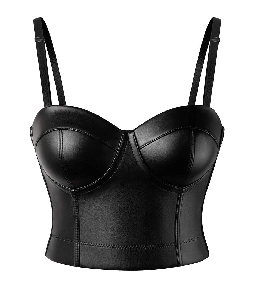 SLIMBELLE® Femme Corset Bra en Cuir Steampunk Bustier Top avec Armature Soutien Gorge Classique Débardeur à Bretelle Clubwear Gilet Noir Sexy PU Veste de Soirée - Noir - Taille XL