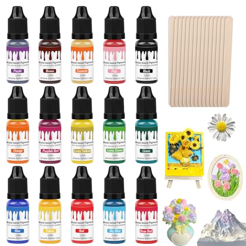 Farbpigmente für Gießpulver 15 x 10ml Farbe für Gießpulver mit 15 Rührstäbchen Farbpigmente für Gips & Beton Pigment auf Wasserbasis für Modellbau DIY & Kreativprojekte Handwerk