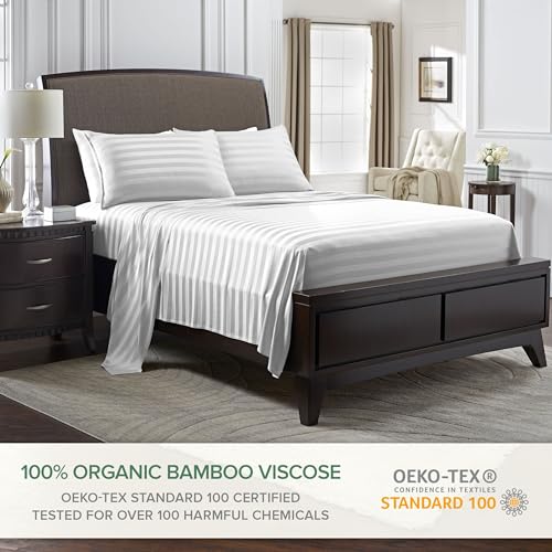 Image of Pure Bamboo Split King Sheets, Genuine 100% Organic Viscose Derived from Bamboo Bed Sheet Set, Soft & Cooling, Double Stitching, 2 Fitted Sheets (Split King, Jacquard White)