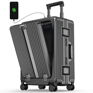 Portable Carry-on Luggage 22 inch with Front Open Door Laptop Compartment & Top USB Port, TSA Combination Lock & 360°Spinner Wheels Hard Shell Suitcase.(01-BLACK)