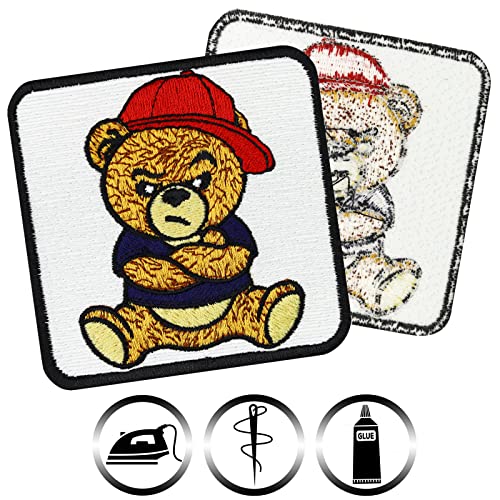Image of Grumpy Teddy Bear Embroidered Patch sew on /Iron on - Toy Emblem for Kids, Girls, Teddy Bear Lovers - Wildly Popular Patches for Jackets, Jeans, Backpacks, Hats, Shirts - 2.95X2.95 in