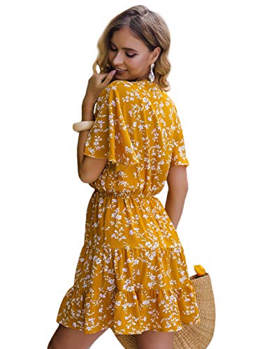 Romwe Women's Short Sleeve V Neck All Over Print High Waist A Line Summer Short Dress Mustard Yellow M #TOP1