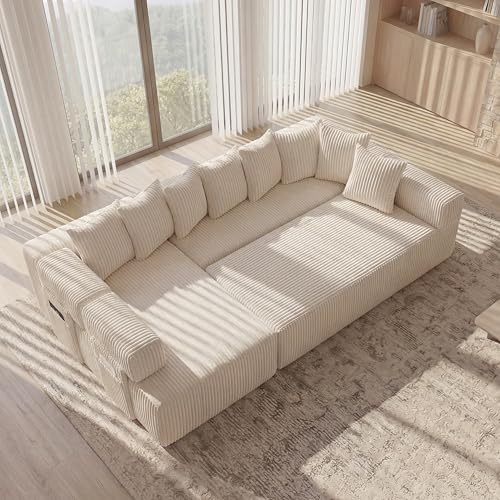 Image of Oversized Cloud Boneless Couch with Chaise, 146 inch Modern U Shape Modular Deep Seat Sectional Sofa, Comfy Corduroy Upholstered Couches for Living Room, No Assembly Required-Beige