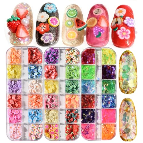 3 Boxes of Crystal Mash Clay Strip Flowers Fruit Slices Nail Art Glitter