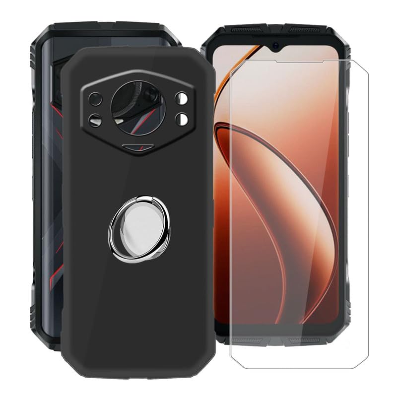 YQINHHME Cover per Doogee S118 (6.58 ) + Pellicola Vetro Temperato, con Rotazione 360° Supporto Anello, Ultra Sottile Morbido TPU Antiurto Nero Custodia per Doogee S118