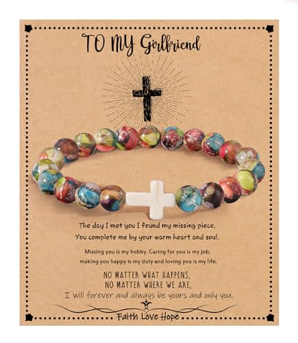 Image of Cross Bracelets for Women, Christian Gifts for Women Stocking Stuffers for Teens Cross Bracelet Imperial Nature Stone Bead Bracelet Confirmation Baptism Gift for Teen Girls Christmas Religious Gift Cathlic Faith Jewelry