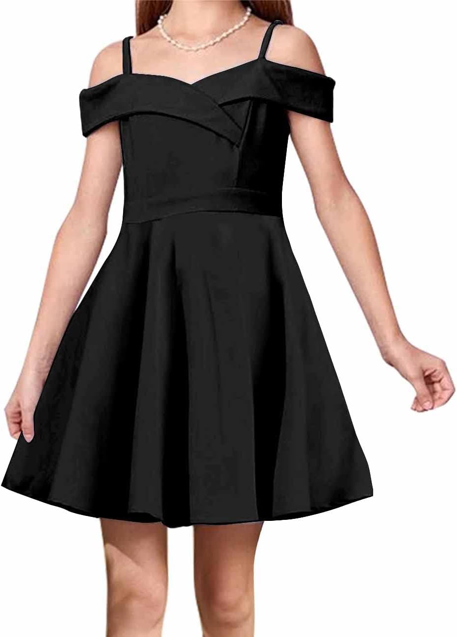 Girls Elegant Princess Cold Shoulder Fold Pleated High Waist Flared A Line Party Dresses,8-14 Years