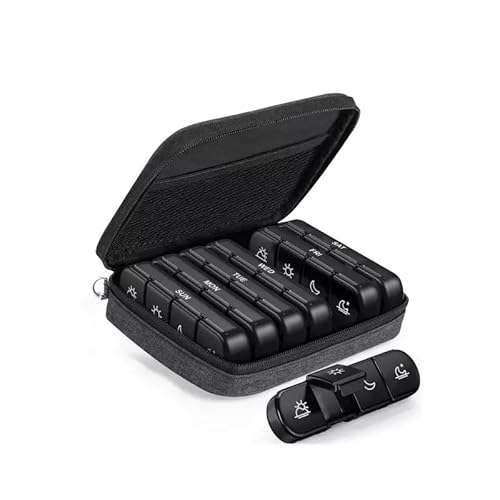 Weekly Pill Organizer 4 Times a Day with a Business Stylish Bag, KEYDUACU Portable Pill Box 7 Day with 28 Compartments for Men, Removable Sorters to Store Vitamin, Medication, Fish Oil, Supplements