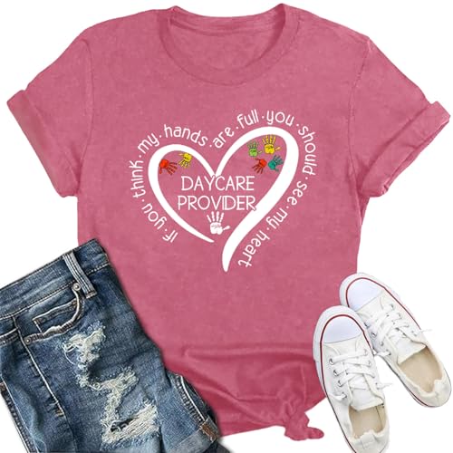 IFQ Womens Daycare Teacher Shirts Daycare Providers Heart T-Shirt Teachers Life Crewneck Tee Pink