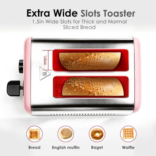 Image of Toaster 2 Slice, Stainless Steel, 6 Shade Settings, 1.5 inch Extra Wide Slots | NEXFIT Retro Toaster with Bagel, Defrost, Reheat & Cancel Functions, 900W, Removable Crumb Tray, High Lift, Cord Wrap, Pink