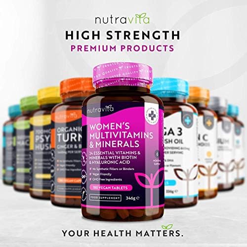 Women's Multivitamins and Minerals - 24 Essential Active Vitamins and Minerals with Added Hyaluronic Acid - 180 Vegan Tablets - No Synthetic Fillers or Binders - Made in The UK by Nutravita