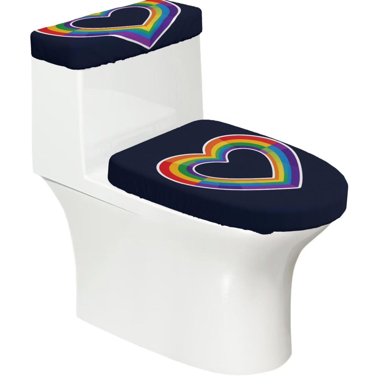 Heart Rainbow Elastic Toilet Cover Set of 2-Stretchy Lid and Tank Covers for Bathroom, Soft Washable U Shape Toilet Decor